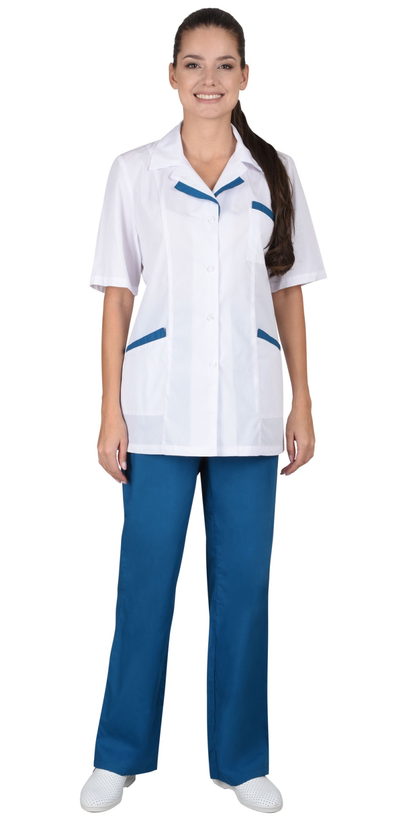 Костюм медицинский женский Сириус-Лиза, тк.ТиСи,120, белый/т.бирюзовый