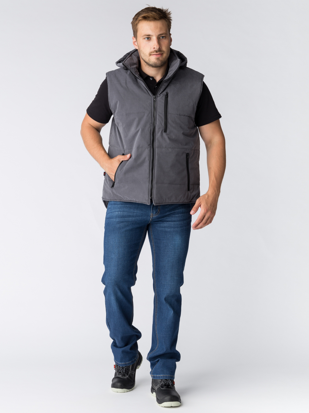 Жилет утепленный с капюшоном Респект, тк.Таслан, т.серый М