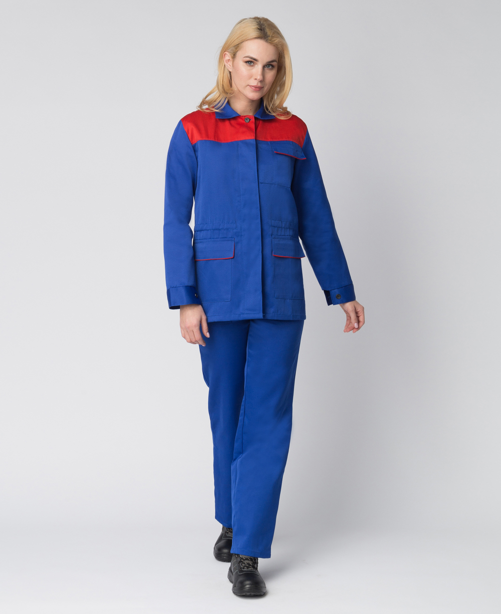 Костюм женский Передовик, тк.Смесовая,210, брюки, васильковый/красный М