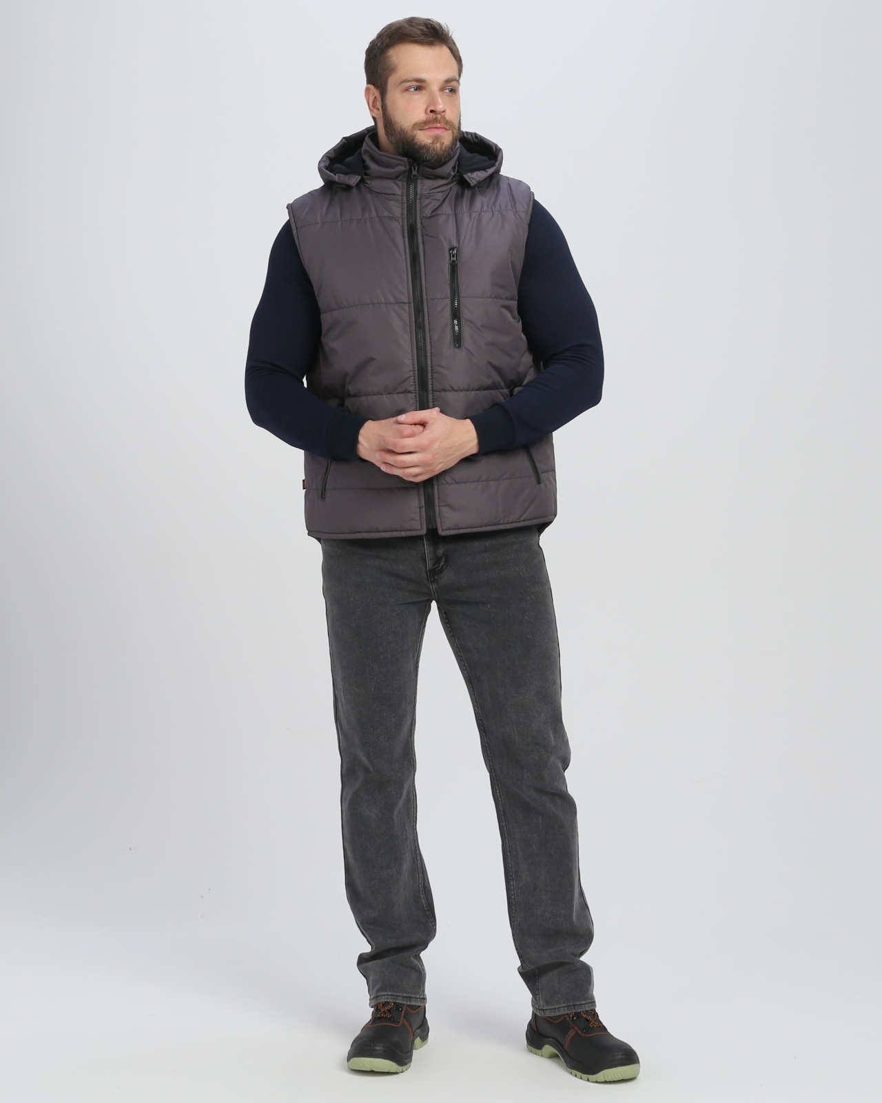 Жилет утепленный с капюшоном Респект, тк.Таслан, т.серый М