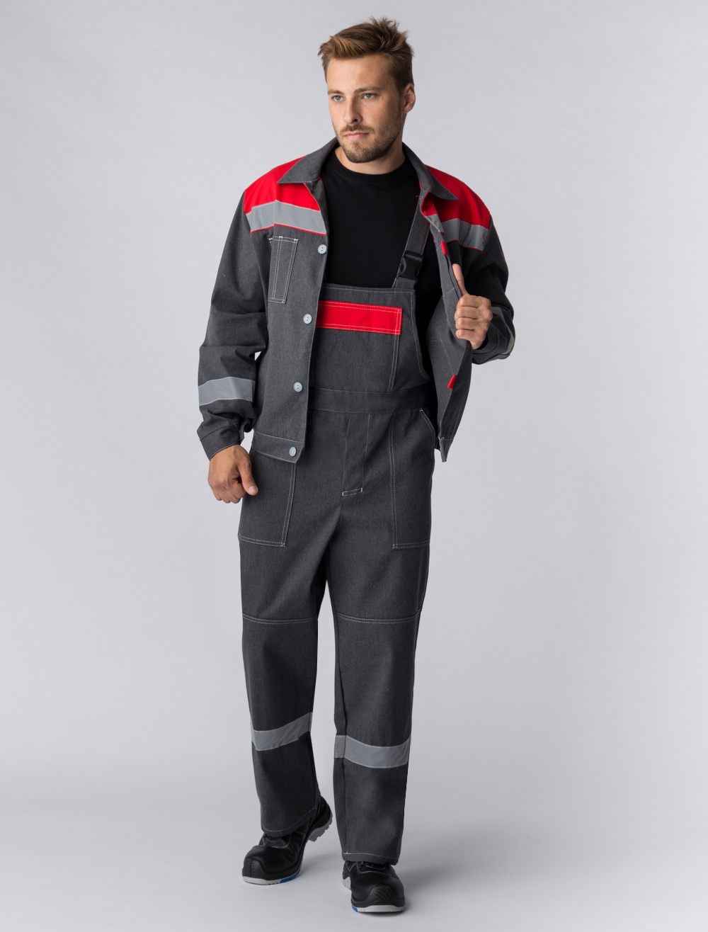 Костюм мужской Липецк СОП, тк.Смесовая,260, п/к, т.серый-меланж/красный М