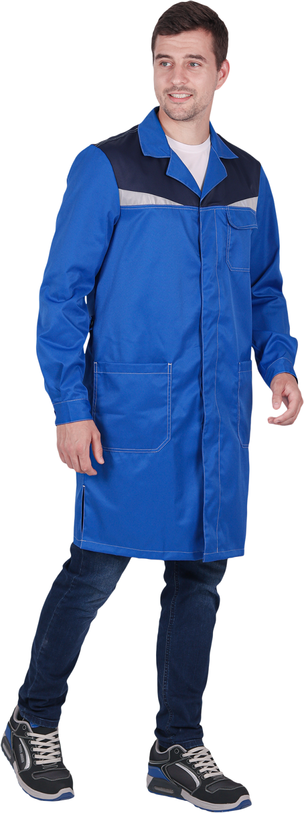 Халат рабочий мужской КМ-10 Люкс, тк.Смесовая,210, васильковый/т.синий М