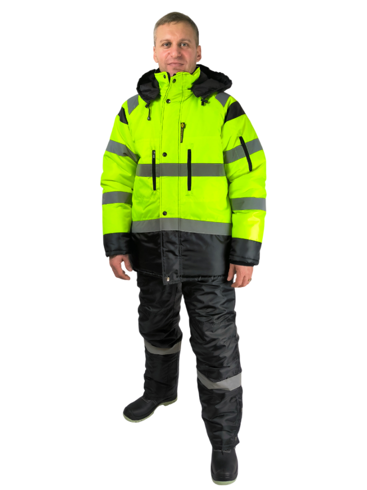 Костюм зимний сигнальный Премиум, тк.Оксфорд,105, брюки, черный/лимонный М