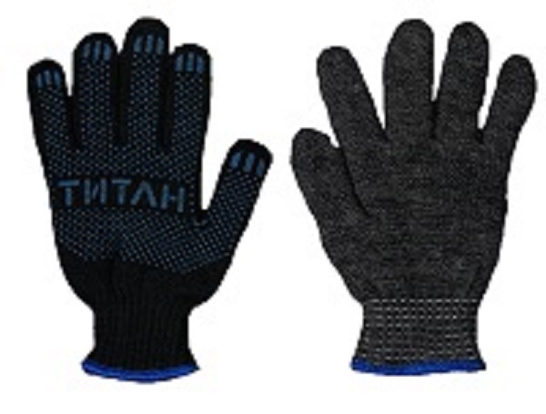 Перчатки х/б, 7 класс, двойные, вкладыш полушерстяной, черные, ПВХ точка