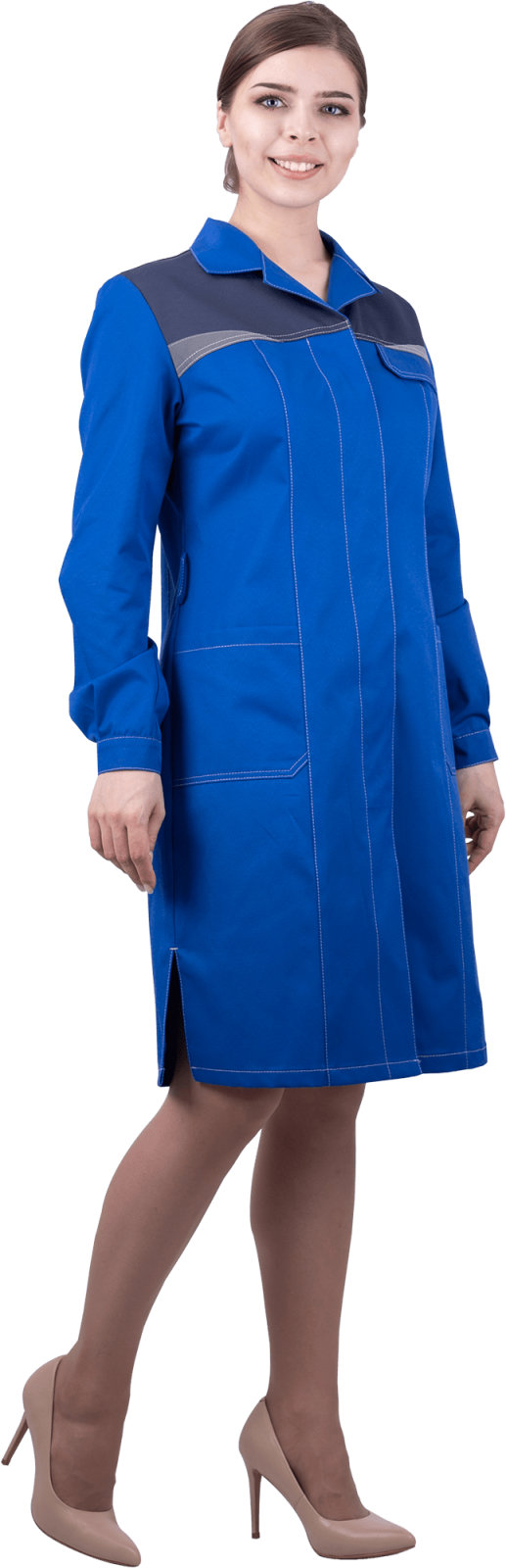 Халат рабочий женский КМ-10 Люкс, тк.Смесовая,220, васильковый/т.синий
