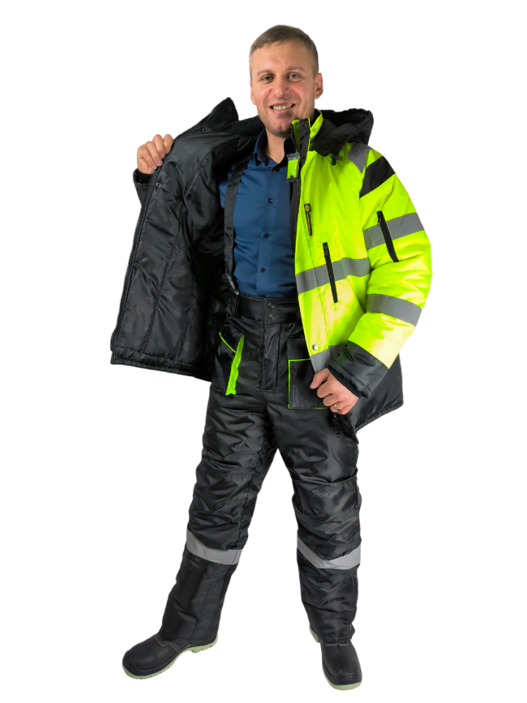 Костюм зимний сигнальный Премиум, тк.Оксфорд,105, брюки, черный/лимонный М